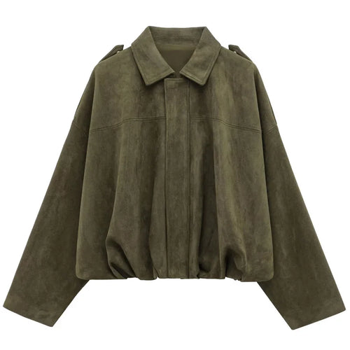 TRAF Women's Bomber Jacket Lapel Long Sleeve Zipper Suede Jacket Women