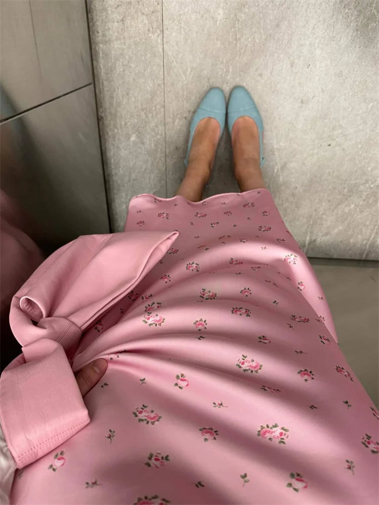 High Waist Satin Skirt With Flower Print