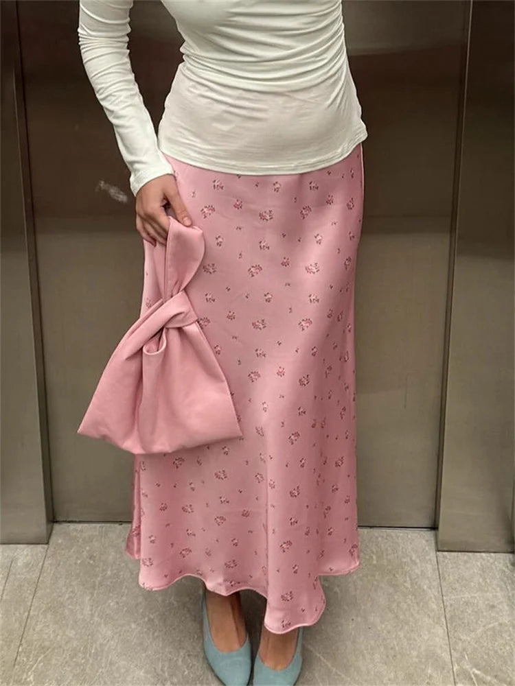 High Waist Satin Skirt With Flower Print