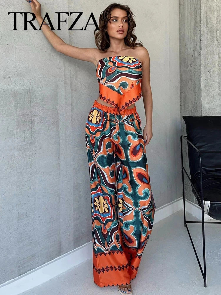 TRAFZA Women Pants Set Vintage Print Back Bow Tie Strapless Bustier