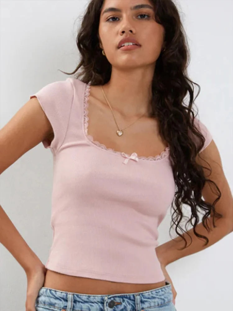 Lace Trim T-Shirt Square Neck