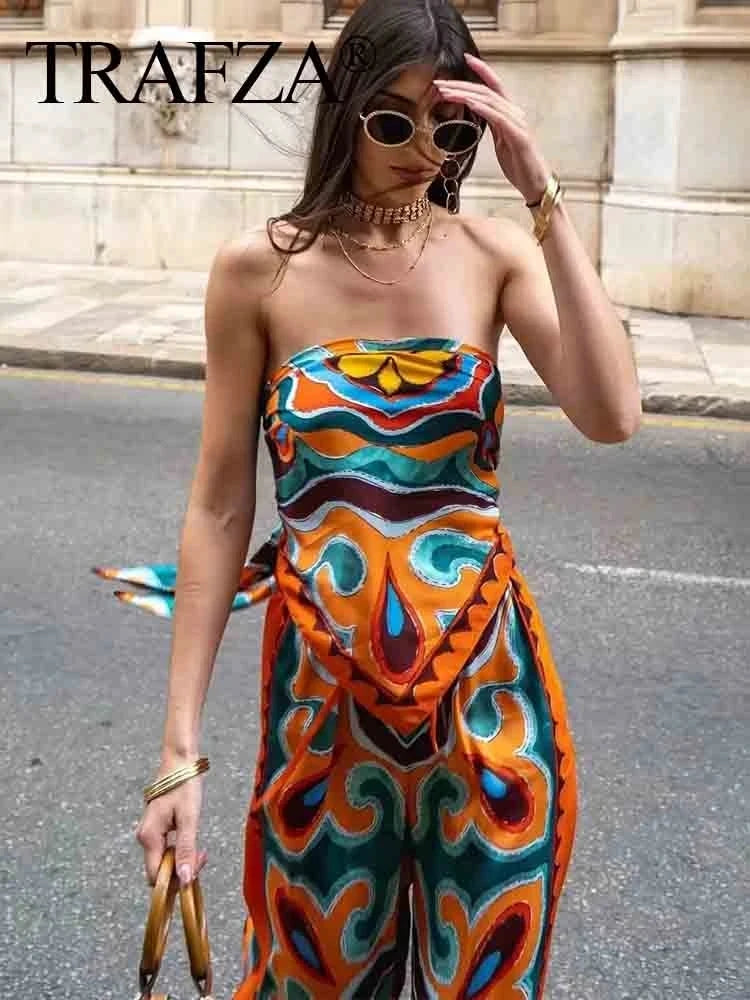 TRAFZA Women Pants Set Vintage Print Back Bow Tie Strapless Bustier