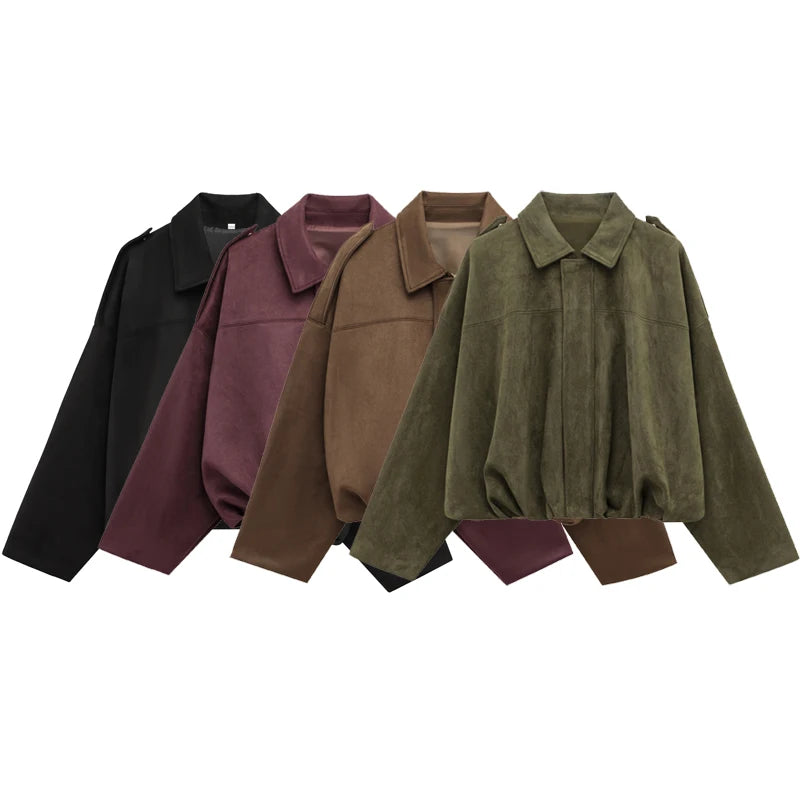 TRAF Women's Bomber Jacket Lapel Long Sleeve Zipper Suede Jacket Women