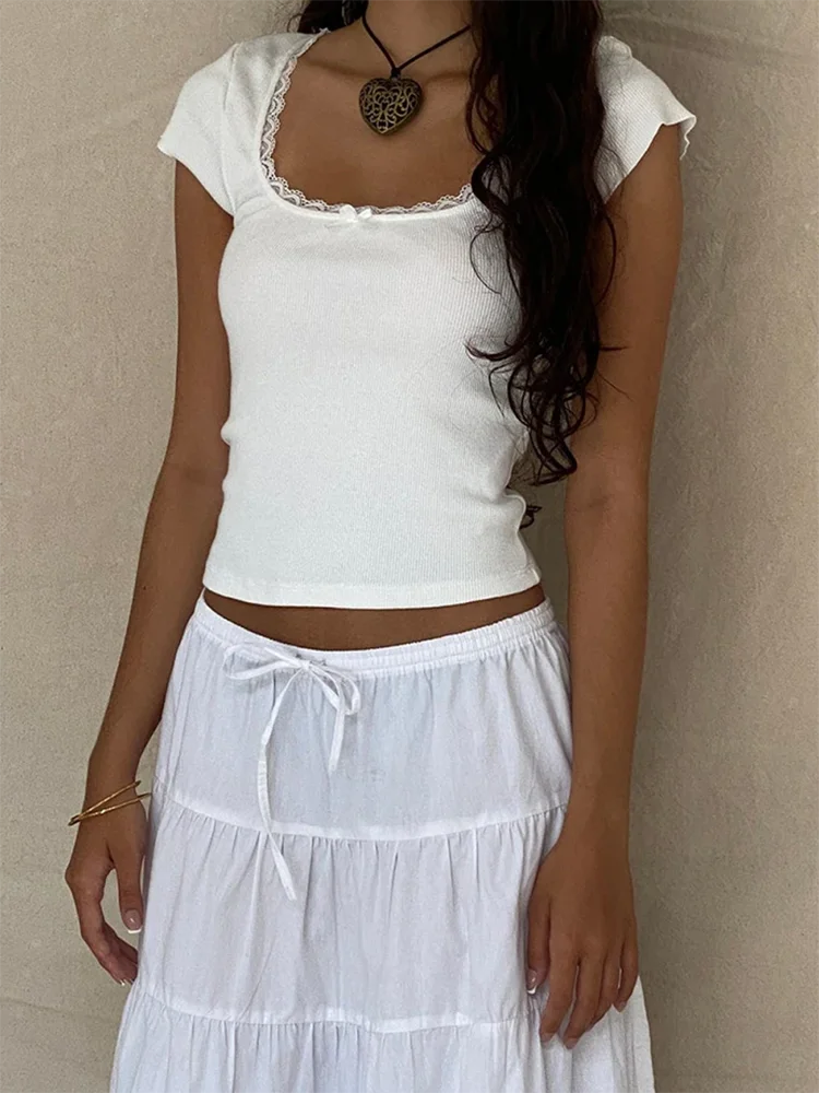 Lace Trim T-Shirt Square Neck
