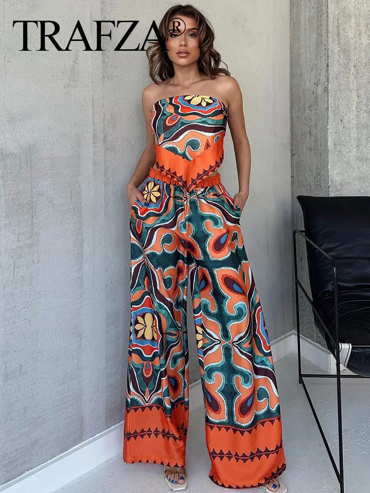 TRAFZA Women Pants Set Vintage Print Back Bow Tie Strapless Bustier