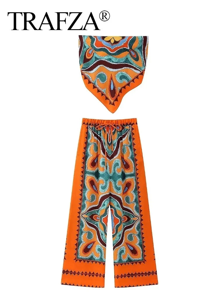 TRAFZA Women Pants Set Vintage Print Back Bow Tie Strapless Bustier