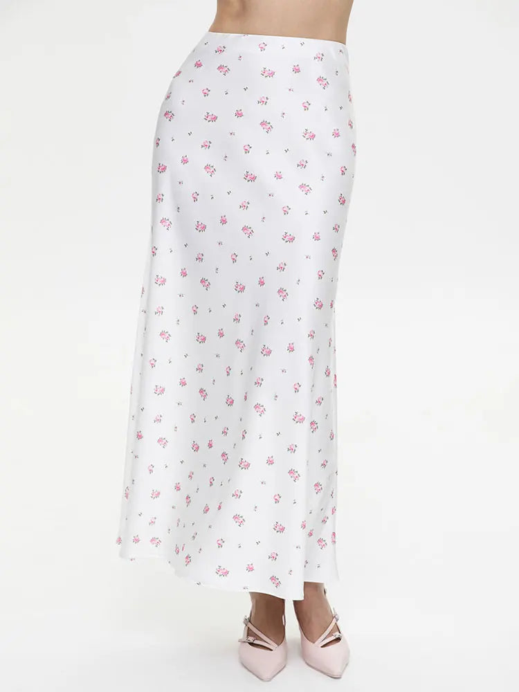 High Waist Satin Skirt With Flower Print
