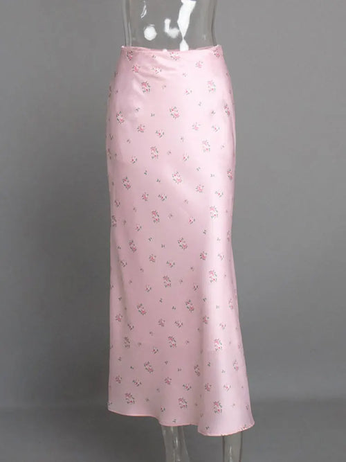 High Waist Satin Skirt With Flower Print