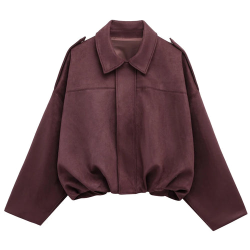TRAF Women's Bomber Jacket Lapel Long Sleeve Zipper Suede Jacket Women