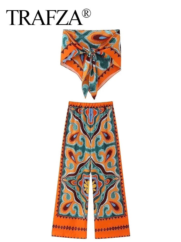 TRAFZA Women Pants Set Vintage Print Back Bow Tie Strapless Bustier