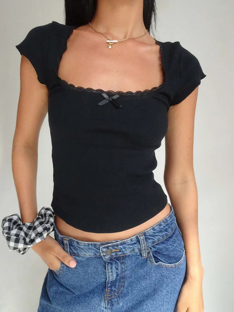 Lace Trim T-Shirt Square Neck