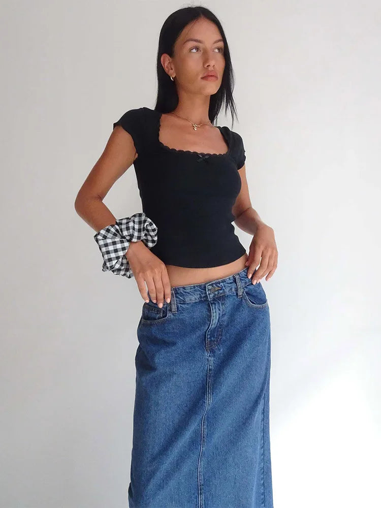 Lace Trim T-Shirt Square Neck