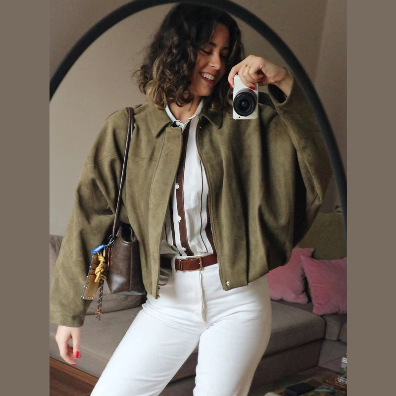 TRAF Women's Bomber Jacket Lapel Long Sleeve Zipper Suede Jacket Women