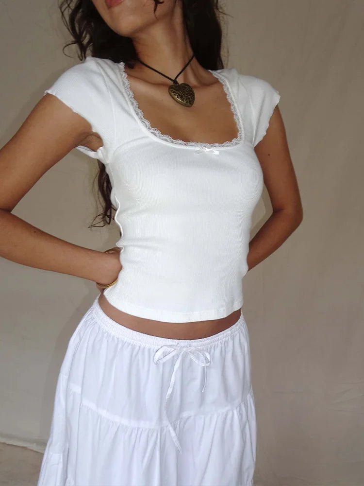 Lace Trim T-Shirt Square Neck