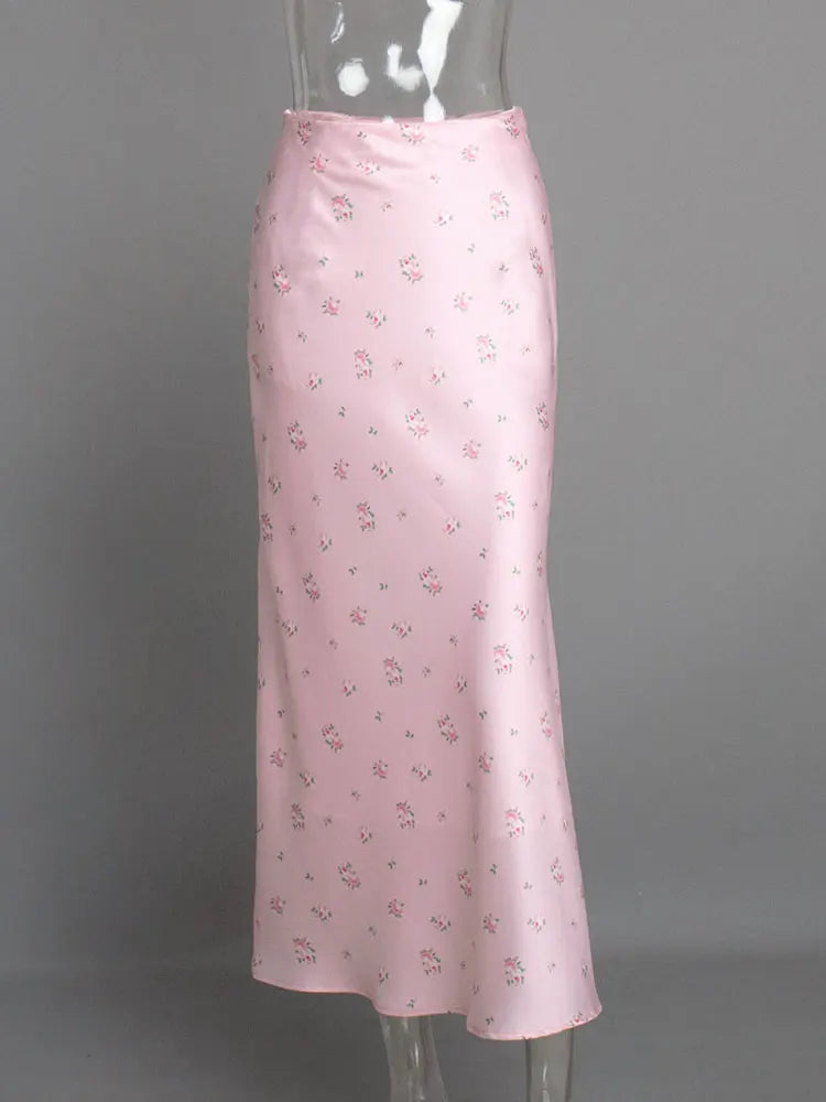 High Waist Satin Skirt With Flower Print