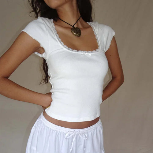 Lace Trim T-Shirt Square Neck