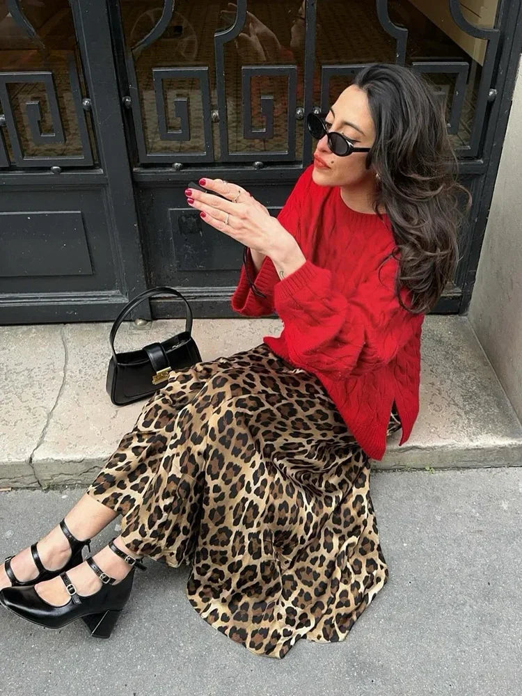 High Waist Leopard Maxi Satin Skirt