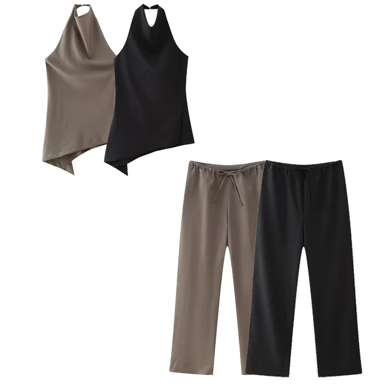 TRAF Elegant Pants Sets For Women 2 Pieces Trousers Sets Outfit Halter