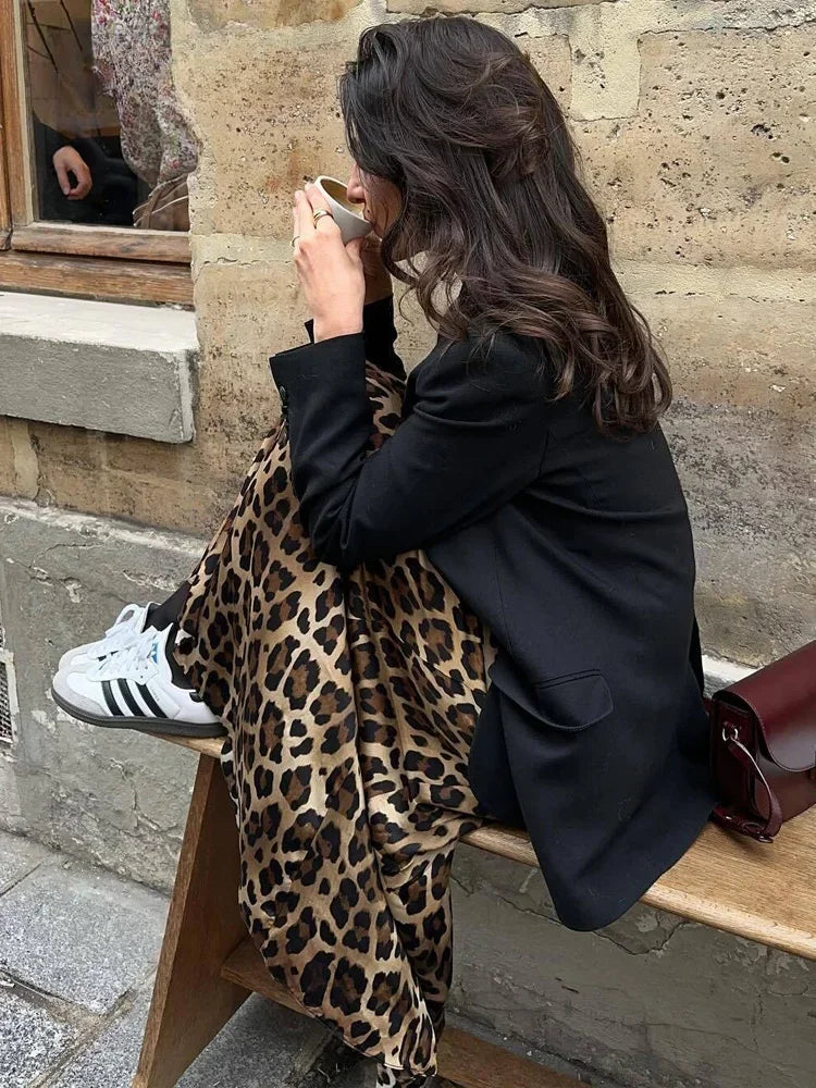 High Waist Leopard Maxi Satin Skirt