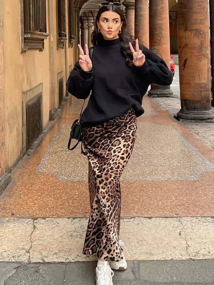 High Waist Leopard Maxi Satin Skirt
