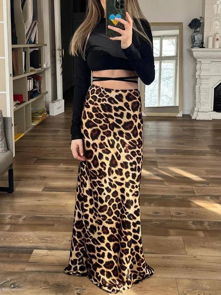 High Waist Leopard Maxi Satin Skirt