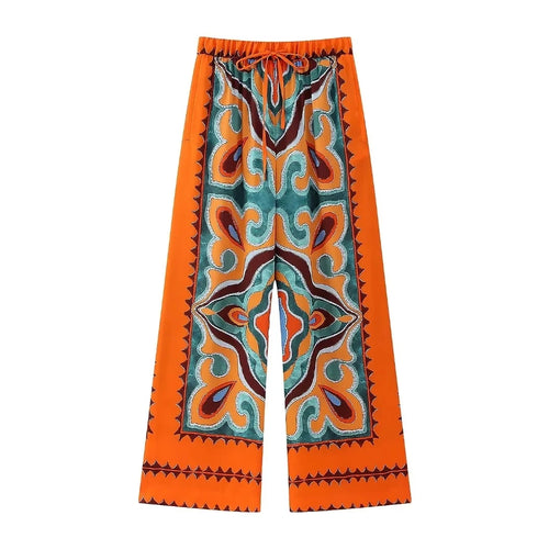 TRAFZA Women Pants Set Vintage Print Back Bow Tie Strapless Bustier