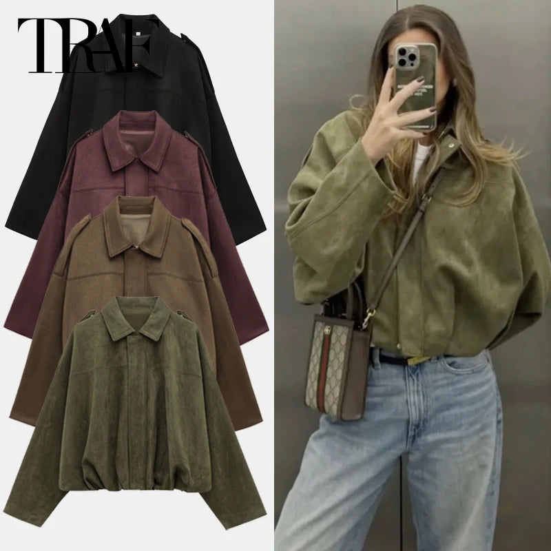 TRAF Women's Bomber Jacket Lapel Long Sleeve Zipper Suede Jacket Women