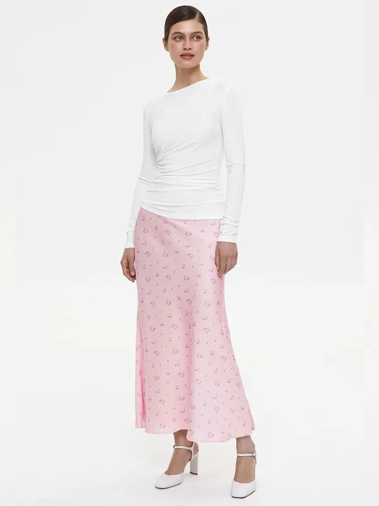 High Waist Satin Skirt With Flower Print